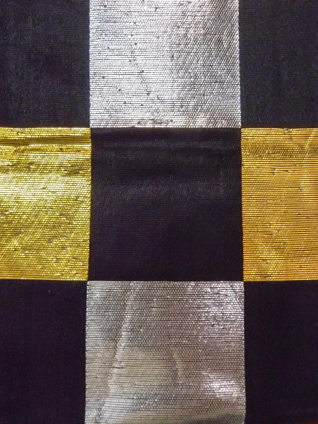 Photo6: O0207A Vintage Japanese Kimono   Black HANHABA OBI half width sash Plaid Checks Silk. (Grade C) (6)
