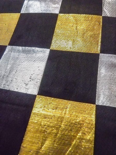 Photo7: O0207A Vintage Japanese Kimono   Black HANHABA OBI half width sash Plaid Checks Silk. (Grade C) (7)