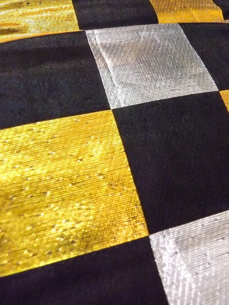 Photo8: O0207A Vintage Japanese Kimono   Black HANHABA OBI half width sash Plaid Checks Silk. (Grade C) (8)