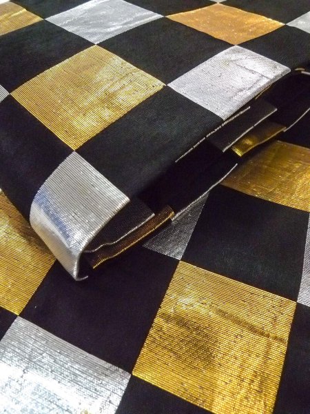 Photo9: O0207A Vintage Japanese Kimono   Black HANHABA OBI half width sash Plaid Checks Silk. (Grade C) (9)