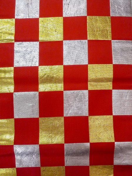 Photo3: O0207B Vintage Japanese Kimono  Vivid Red HANHABA OBI half width sash Plaid Checks Silk. (Grade B) (3)