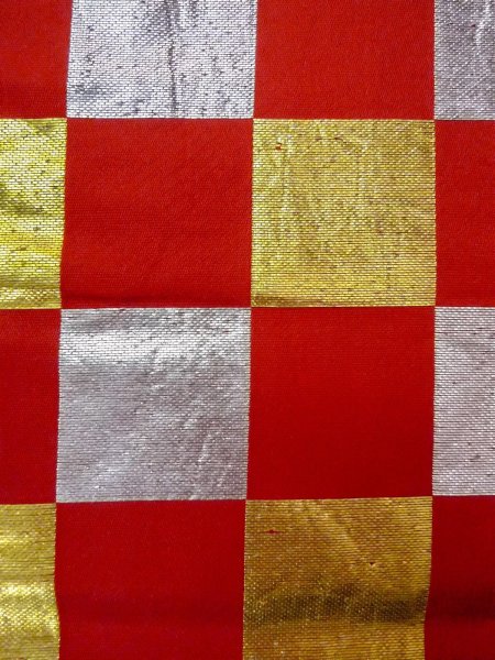 Photo4: O0207B Vintage Japanese Kimono  Vivid Red HANHABA OBI half width sash Plaid Checks Silk. (Grade B) (4)