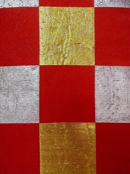 Photo5: O0207B Vintage Japanese Kimono  Vivid Red HANHABA OBI half width sash Plaid Checks Silk. (Grade B) (5)