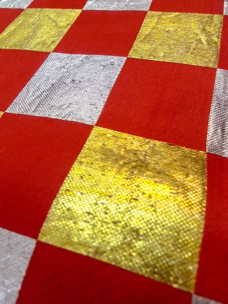 Photo7: O0207B Vintage Japanese Kimono  Vivid Red HANHABA OBI half width sash Plaid Checks Silk. (Grade B) (7)