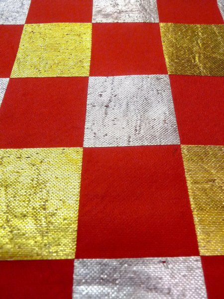 Photo8: O0207B Vintage Japanese Kimono  Vivid Red HANHABA OBI half width sash Plaid Checks Silk. (Grade B) (8)