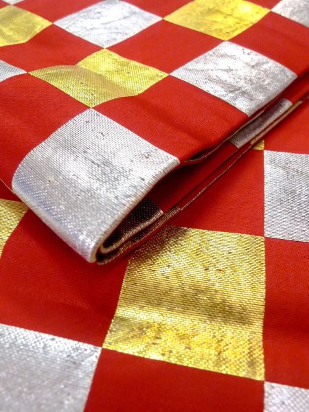 Photo9: O0207B Vintage Japanese Kimono  Vivid Red HANHABA OBI half width sash Plaid Checks Silk. (Grade B) (9)