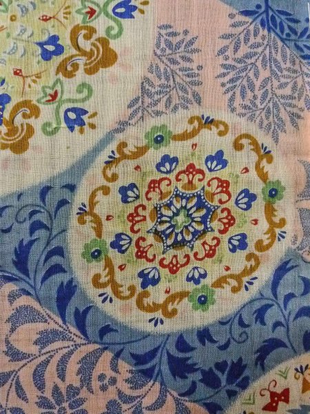 Photo3: O0207D Vintage Japanese Kimono  Pale Multi Color HANHABA OBI half width sash Chinz pattern Cotton. (Grade C) (3)