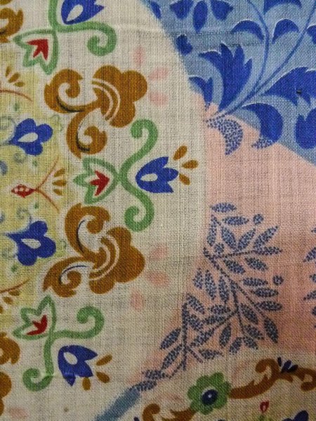 Photo6: O0207D Vintage Japanese Kimono  Pale Multi Color HANHABA OBI half width sash Chinz pattern Cotton. (Grade C) (6)
