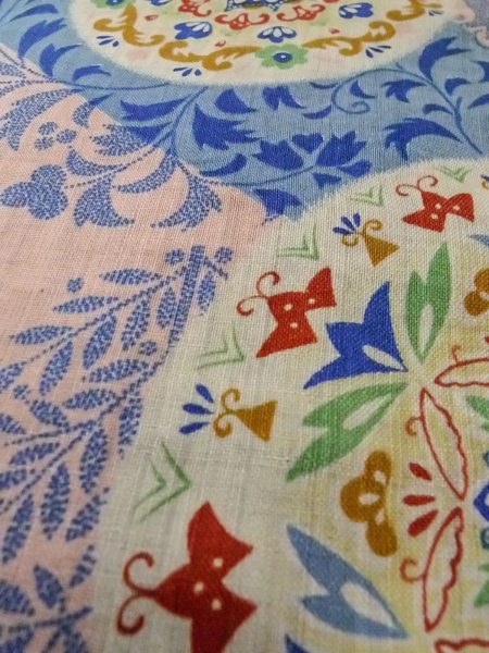 Photo9: O0207D Vintage Japanese Kimono  Pale Multi Color HANHABA OBI half width sash Chinz pattern Cotton. (Grade C) (9)