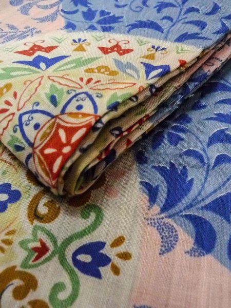 Photo10: O0207D Vintage Japanese Kimono  Pale Multi Color HANHABA OBI half width sash Chinz pattern Cotton. (Grade C) (10)