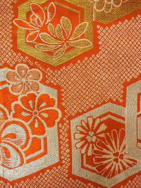 Photo2: O0207E Vintage Japanese Kimono   Orange HANHABA OBI half width sash SAKURA cherry blossom Silk. (Grade C) (2)