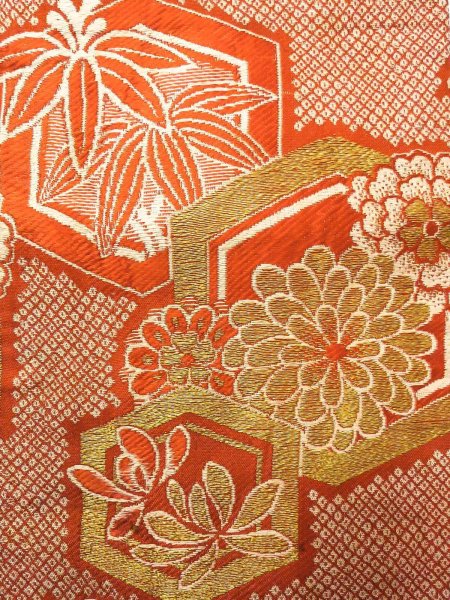 Photo3: O0207E Vintage Japanese Kimono   Orange HANHABA OBI half width sash SAKURA cherry blossom Silk. (Grade C) (3)