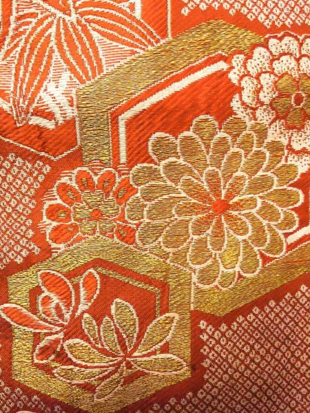 Photo4: O0207E Vintage Japanese Kimono   Orange HANHABA OBI half width sash SAKURA cherry blossom Silk. (Grade C) (4)