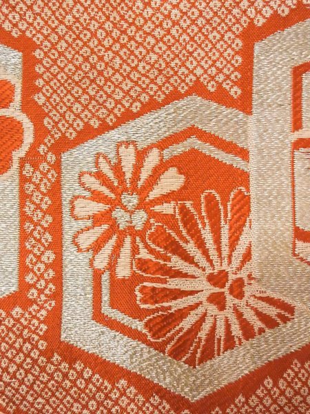 Photo5: O0207E Vintage Japanese Kimono   Orange HANHABA OBI half width sash SAKURA cherry blossom Silk. (Grade C) (5)
