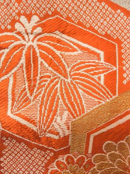 Photo6: O0207E Vintage Japanese Kimono   Orange HANHABA OBI half width sash SAKURA cherry blossom Silk. (Grade C) (6)