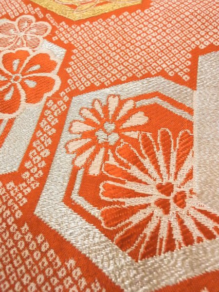 Photo7: O0207E Vintage Japanese Kimono   Orange HANHABA OBI half width sash SAKURA cherry blossom Silk. (Grade C) (7)