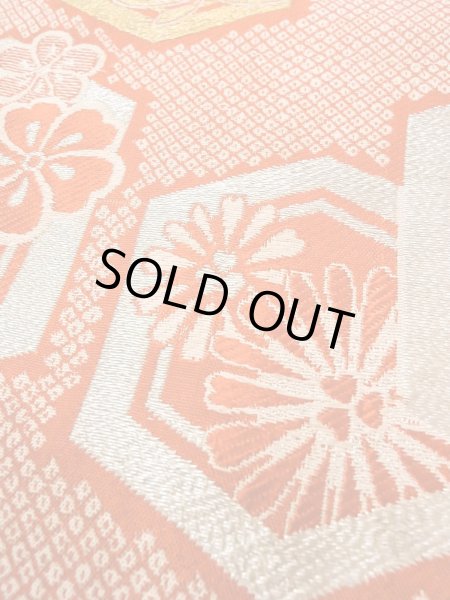 Photo7: O0207E Vintage Japanese Kimono   Orange HANHABA OBI half width sash SAKURA cherry blossom Silk. (Grade C) (7)