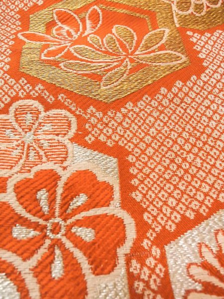 Photo8: O0207E Vintage Japanese Kimono   Orange HANHABA OBI half width sash SAKURA cherry blossom Silk. (Grade C) (8)