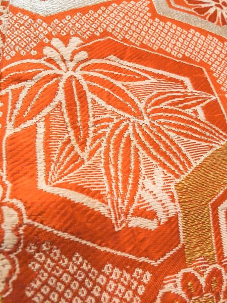 Photo9: O0207E Vintage Japanese Kimono   Orange HANHABA OBI half width sash SAKURA cherry blossom Silk. (Grade C) (9)
