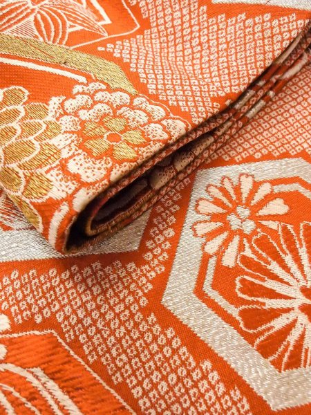 Photo10: O0207E Vintage Japanese Kimono   Orange HANHABA OBI half width sash SAKURA cherry blossom Silk. (Grade C) (10)