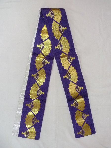 Photo1: Mint O0207I Vintage Japanese Kimono  Vivid Purple HANHABA OBI half width sash Folding fan Synthetic. (Grade A) (1)