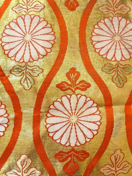 Photo2: O0207K Vintage Japanese Kimono  Shiny Gold HANHABA OBI half width sash Chrysanthemum Silk. (Grade C) (2)
