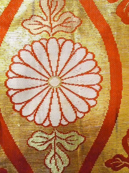 Photo5: O0207K Vintage Japanese Kimono  Shiny Gold HANHABA OBI half width sash Chrysanthemum Silk. (Grade C) (5)