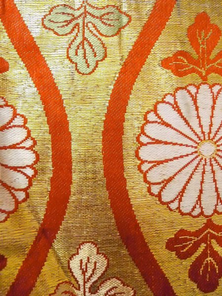 Photo6: O0207K Vintage Japanese Kimono  Shiny Gold HANHABA OBI half width sash Chrysanthemum Silk. (Grade C) (6)
