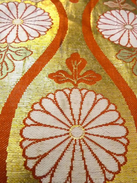 Photo8: O0207K Vintage Japanese Kimono  Shiny Gold HANHABA OBI half width sash Chrysanthemum Silk. (Grade C) (8)