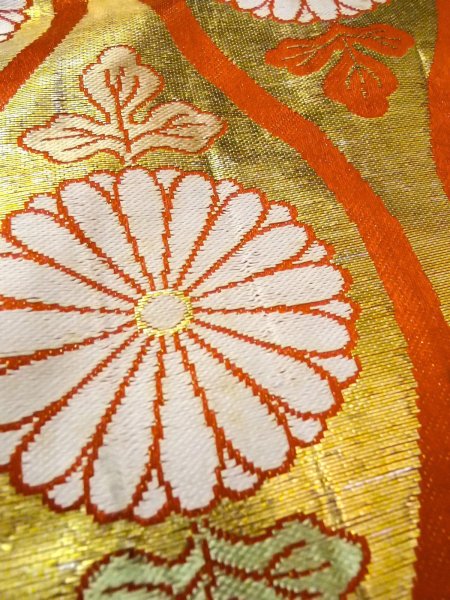 Photo9: O0207K Vintage Japanese Kimono  Shiny Gold HANHABA OBI half width sash Chrysanthemum Silk. (Grade C) (9)