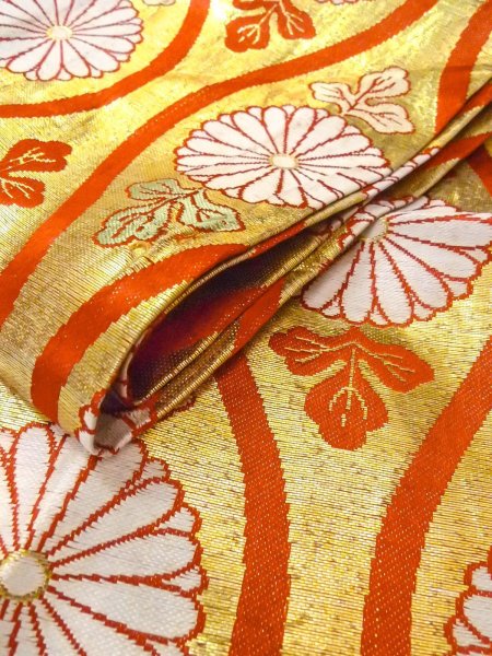 Photo10: O0207K Vintage Japanese Kimono  Shiny Gold HANHABA OBI half width sash Chrysanthemum Silk. (Grade C) (10)