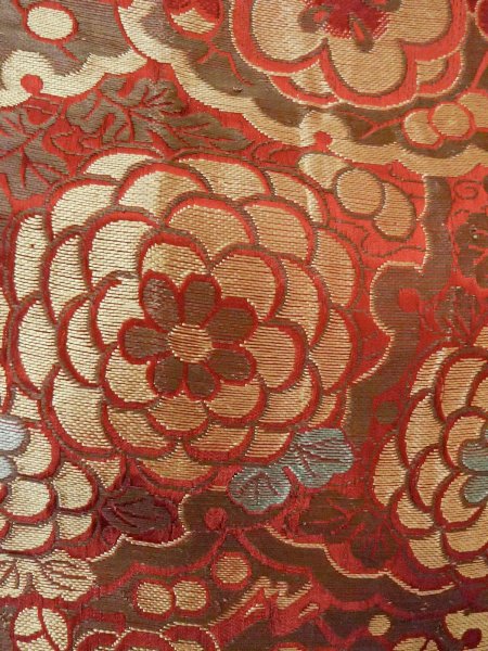 Photo4: O0207L Vintage Japanese Kimono  Brownish Gray HANHABA OBI half width sash Chrysanthemum Silk. (Grade D) (4)