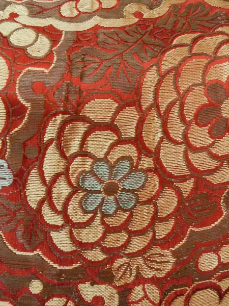 Photo6: O0207L Vintage Japanese Kimono  Brownish Gray HANHABA OBI half width sash Chrysanthemum Silk. (Grade D) (6)