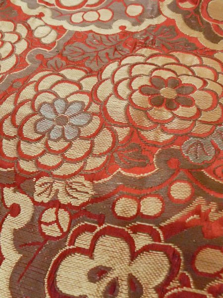 Photo7: O0207L Vintage Japanese Kimono  Brownish Gray HANHABA OBI half width sash Chrysanthemum Silk. (Grade D) (7)