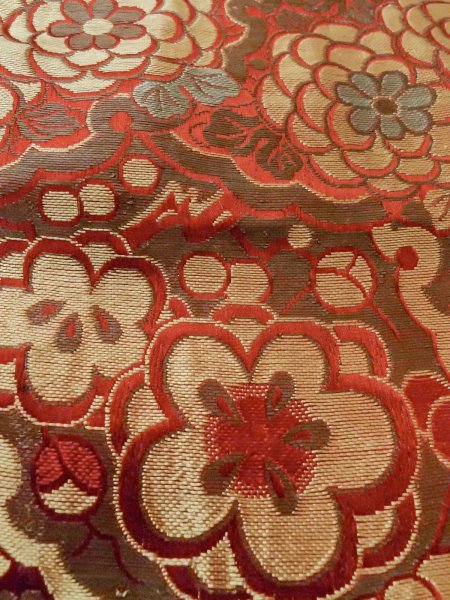 Photo8: O0207L Vintage Japanese Kimono  Brownish Gray HANHABA OBI half width sash Chrysanthemum Silk. (Grade D) (8)