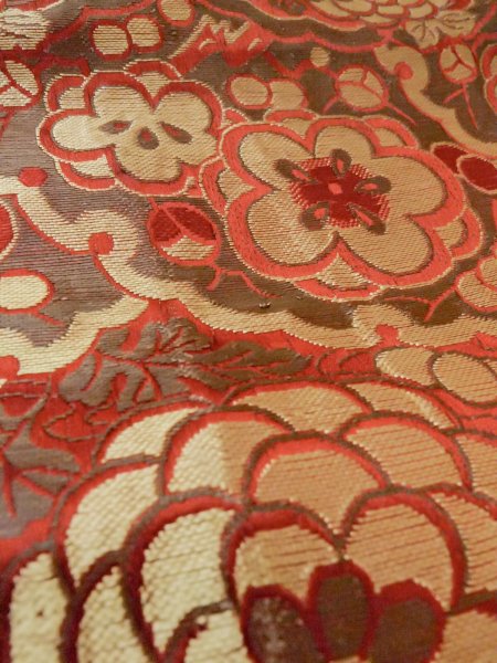 Photo9: O0207L Vintage Japanese Kimono  Brownish Gray HANHABA OBI half width sash Chrysanthemum Silk. (Grade D) (9)