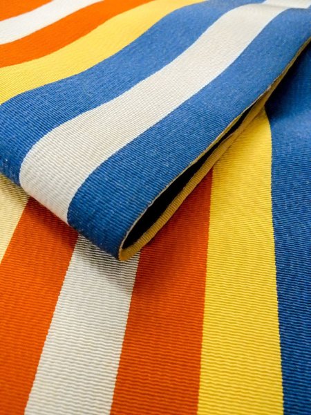 Photo9: O0207O Vintage Japanese Kimono   Multi Color HANHABA OBI half width sash Stripes Silk. (Grade C) (9)
