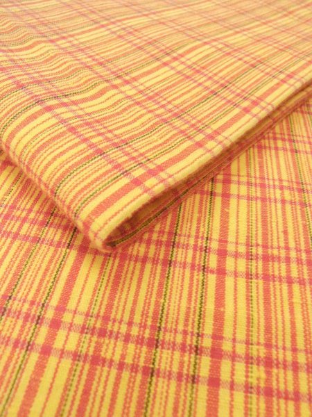 Photo9: O0207P Vintage Japanese Kimono   Yellow HANHABA OBI half width sash Plaid Checks Cotton. (Grade B) (9)