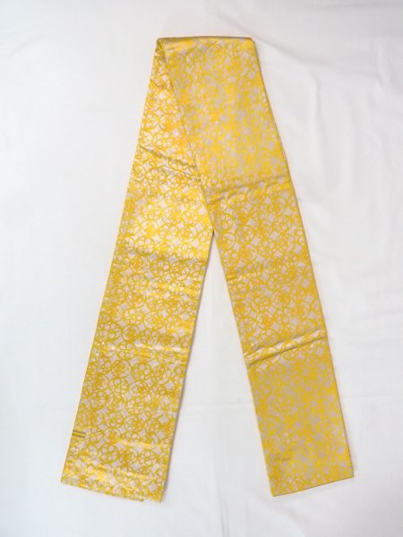 Photo1: O0207V Vintage Japanese Kimono   Yellow HANHABA OBI half width sash Abstract pattern Silk. (Grade A) (1)