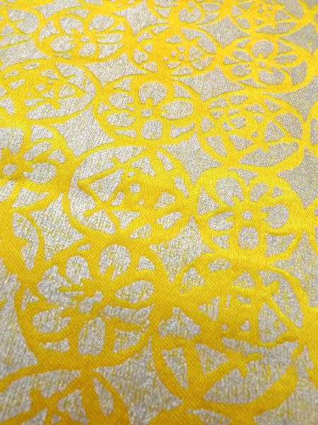 Photo7: O0207V Vintage Japanese Kimono   Yellow HANHABA OBI half width sash Abstract pattern Silk. (Grade A) (7)