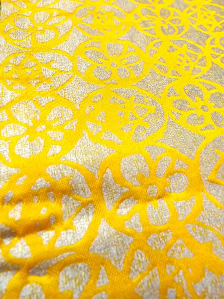 Photo9: O0207V Vintage Japanese Kimono   Yellow HANHABA OBI half width sash Abstract pattern Silk. (Grade A) (9)