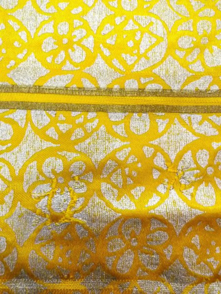 Photo12: O0207V Vintage Japanese Kimono   Yellow HANHABA OBI half width sash Abstract pattern Silk. (Grade A) (12)