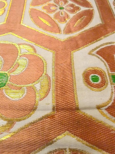 Photo8: O0207W Vintage Japanese Kimono   White HANHABA OBI half width sash Flower circle Silk. (Grade C) (8)