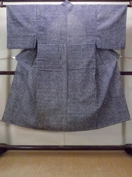Photo1: O0218C Vintage Japanese kimono  Bluish Gray Men's Yukata for men / Cotton. Parallel Cross   (Grade C) (1)
