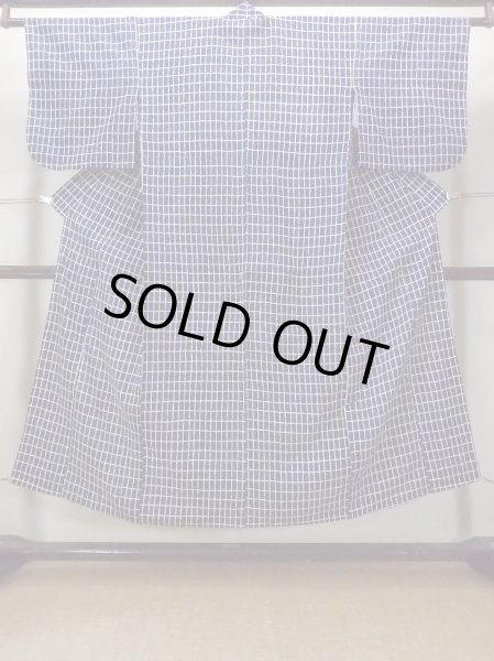 Photo2: O0218D Vintage Japanese kimono  Dark Indigo Blue YUKATA summer(made in Japan) for women / Cotton. Plaid Checks   (Grade C) (2)