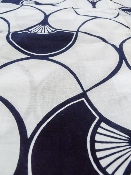Photo10: O0218I Vintage Japanese kimono   White YUKATA summer(made in Japan) for women / Cotton. Folding fan   (Grade C) (10)