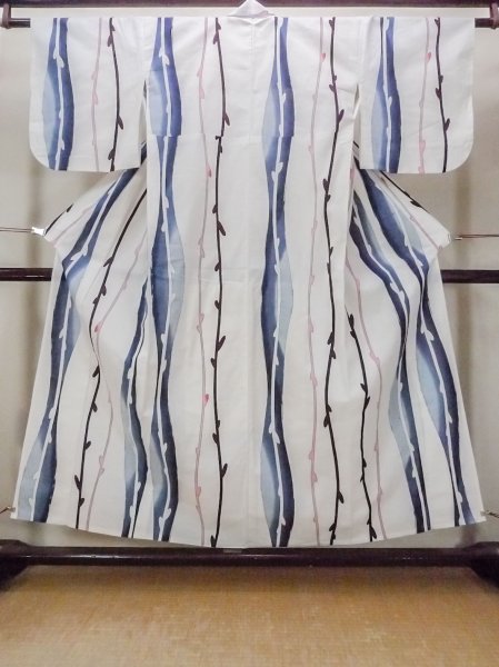 Photo1: O0218N Vintage Japanese kimono   Off White YUKATA summer(made in Japan) for women / Cotton/hemp Abstract pattern Stains all over.  (Grade D) (1)