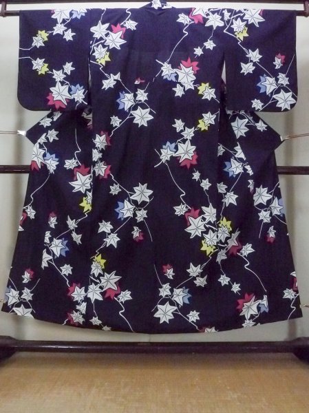 Photo1: O0218O Vintage Japanese kimono   Indigo Blue YUKATA summer(made in Japan) for women / Cotton. MOMIJI maple leaf   (Grade C) (1)