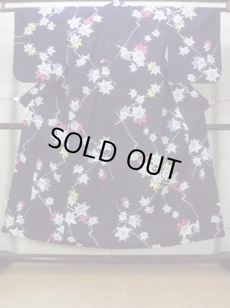 Photo1: O0218O Vintage Japanese kimono   Indigo Blue YUKATA summer(made in Japan) for women / Cotton. MOMIJI maple leaf   (Grade C) (1)