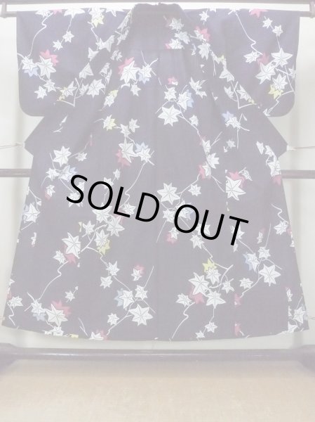 Photo2: O0218O Vintage Japanese kimono   Indigo Blue YUKATA summer(made in Japan) for women / Cotton. MOMIJI maple leaf   (Grade C) (2)